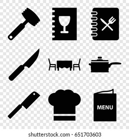 Chef icons set. set of 9 chef filled icons such as chef hat, menu, restaurant table, pan, knife