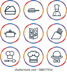 chef icons set. Set of 9 chef outline icons such as menu, hat and bow, pan, pan-fry