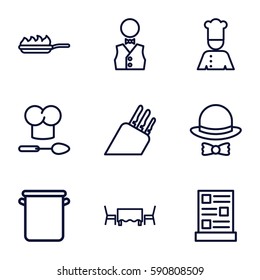 chef icons set. Set of 9 chef outline icons such as waiter, menu, restaurant table, hat and bow, pan, pan-fry