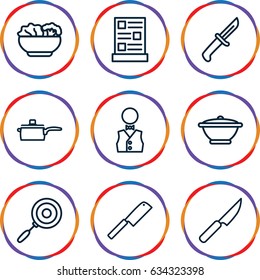 Chef icons set. set of 9 chef outline icons such as waiter, menu, food, pan, knife
