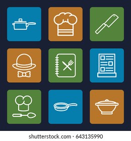 Chef icons set. set of 9 chef outline icons such as menu, hat and bow, pan