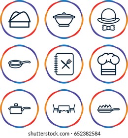 Chef icons set. set of 9 chef outline icons such as chef hat, menu, restaurant table, hat and bow, pan