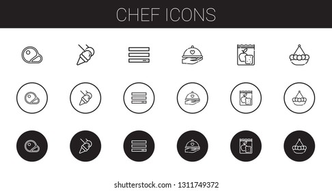 chef icons set. Collection of chef with steaks, food and restaurant, menu, dinner, meal, pot. Editable and scalable chef icons.