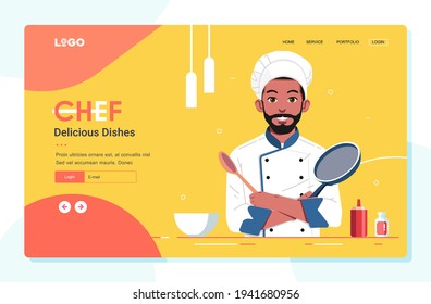 chef illustration for landing page or website banner template, man as a chef pose while holding sauce pan with yellow and orange background 