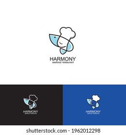 Chef illustration logo concept with fish background. interpreted as a symbol of harmony in serving processed seafood from the sea. Can be used for restaurant logos, product logos, cooking classes etc.