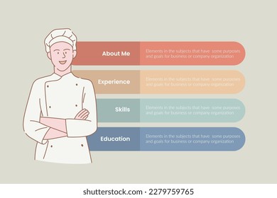chef infographic with 4 point stages sequence with vertical layout and standing smile man with modern flat style