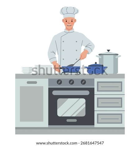 A chef intensely focused on a cooking table, meticulously arranged display of ingredients, tools, and kitchenware, ready for food preparation, cooking, or plating, with a stark white background.