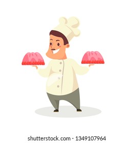 Chef isolated on white background. Chef with dishes. Man in white uniform. Worker in cartoon style.