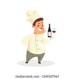 Chef isolated on white background. Chef with dishes. Man in white uniform. Worker in cartoon style.