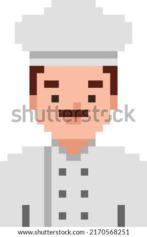 Chef isolated on white background. Cook pixel game style illustration. Vector pixel art design. 8 bit character icon.