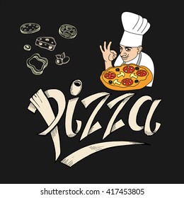 Chef Italian cuisine and pizza drawn with chalk on the black Board. Logo, label pizza. The design elements drawn pizza ingredients.