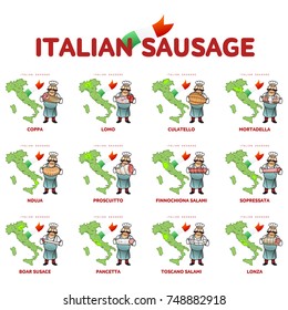 Chef with italian sausage and italian map vector illustration. Delicatessen pig meat, raw and country ham, salami slices, sausage and bacon. Full color illustration isolated on a white background