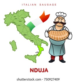 Chef with italian sausage and italian map vector illustration. Delicatessen pig meat, raw and country ham, salami slices, sausage and bacon. Full color illustration isolated on a white background
