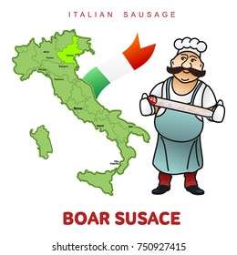 Chef with italian sausage and italian map vector illustration. Delicatessen pig meat, raw and country ham, salami slices, sausage and bacon. Full color illustration isolated on a white background