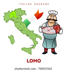 Chef with italian sausage and italian map vector illustration. Delicatessen pig meat, raw and country ham, salami slices, sausage and bacon. Full color illustration isolated on a white background