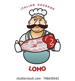 Chef with italian sausage vector illustration. Delicatessen italian pig meat, with white, raw and country ham, salami slices, sausage and bacon. Full color illustration isolated on a white background