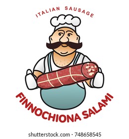 Chef with italian sausage vector illustration. Delicatessen italian pig meat, with white, raw and country ham, salami slices, sausage and bacon. Full color illustration isolated on a white background