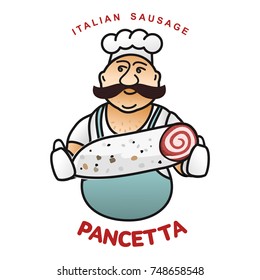 Chef with italian sausage vector illustration. Delicatessen italian pig meat, with white, raw and country ham, salami slices, sausage and bacon. Full color illustration isolated on a white background