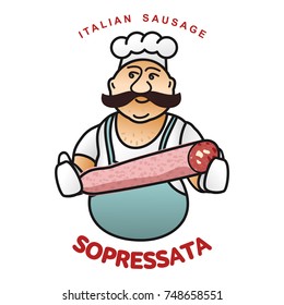 Chef with italian sausage vector illustration. Delicatessen italian pig meat, with white, raw and country ham, salami slices, sausage and bacon. Full color illustration isolated on a white background
