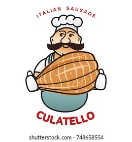 Chef with italian sausage vector illustration. Delicatessen italian pig meat, with white, raw and country ham, salami slices, sausage and bacon. Full color illustration isolated on a white background