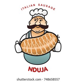 Chef with italian sausage vector illustration. Delicatessen italian pig meat, with white, raw and country ham, salami slices, sausage and bacon. Full color illustration isolated on a white background