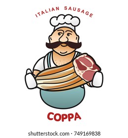 Chef with italian sausage vector illustration. Delicatessen italian pig meat, with white, raw and country ham, salami slices, sausage and bacon. Full color illustration isolated on a white background