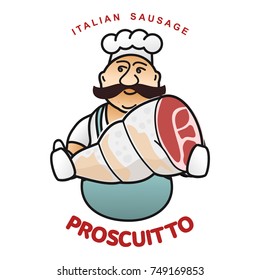 Chef with italian sausage vector illustration. Delicatessen italian pig meat, with white, raw and country ham, salami slices, sausage and bacon. Full color illustration isolated on a white background