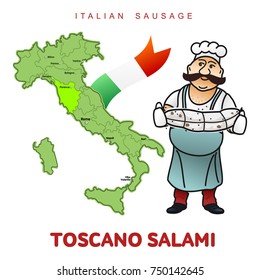 Chef with italian sausage vector illustration. Delicatessen italian pig meat, with white, raw and country ham, salami slices, sausage and bacon. Full color illustration isolated on a white background