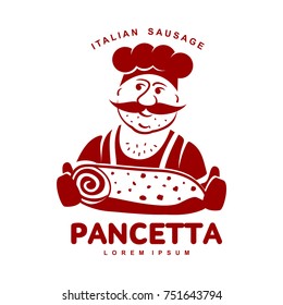 Chef with italian sausage vector illustration. Delicatessen italian pig meat, with white, raw and country ham, salami slices, sausage and bacon. Full color illustration isolated on a white background