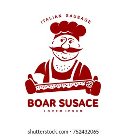 Chef with italian sausage vector illustration. Delicatessen italian pig meat, with white, raw and country ham, salami slices, sausage and bacon. Two color illustration isolated on a white background