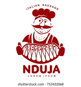 Chef with italian sausage vector illustration. Delicatessen italian pig meat, with white, raw and country ham, salami slices, sausage and bacon. Two color illustration isolated on a white background