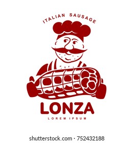 Chef with italian sausage vector illustration. Delicatessen italian pig meat, with white, raw and country ham, salami slices, sausage and bacon. Two color illustration isolated on a white background