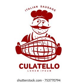 Chef with italian sausage vector illustration. Delicatessen italian pig meat, with white, raw and country ham, salami slices, sausage and bacon. Two color illustration isolated on a white background