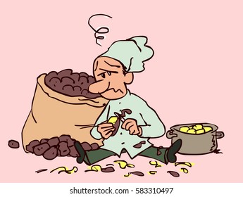 Chef jaded, peeling potatoes fed up of work and tired looking