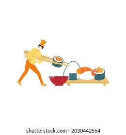 chef and japanese food sushi cook people character flat design vector illustration