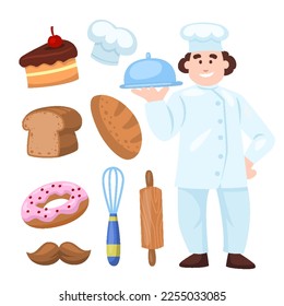 Chef Job Worker Character Tool Equipment Objects with chef's hat, cap, hat, donut, rolling pin, whisk, moustache, wheat bread, loaves bread and tray. Flat Illustration