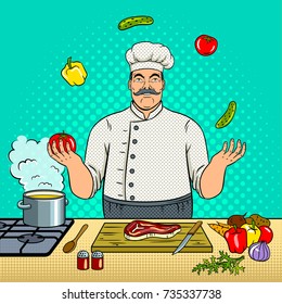 Chef juggles with vegetables pop art retro vector illustration. Comic book style imitation.