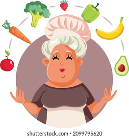 Chef Juggling Fresh Organic Ingredients Vector Cartoon. Senior woman preparing food with fruits and vegetables
