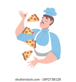 Chef malabarillándose con piezas de pizza deliciosa, personaje de Pizza Maker en sombrero y cocina de apron en la cocina de vectores de dibujos animados Ilustración