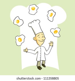 Chef juggling several eggs into the air like it's nothing.