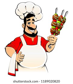 Arabiс chef with kebab in hands. Emblem, avatar, logo.