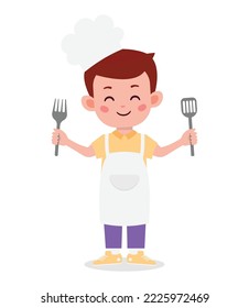 Chef niño con un icono de la caricatura de horquilla y espátula.