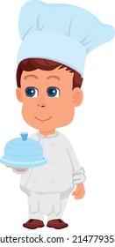 Chef kid. Boy serving dish. Smiling cartoon character