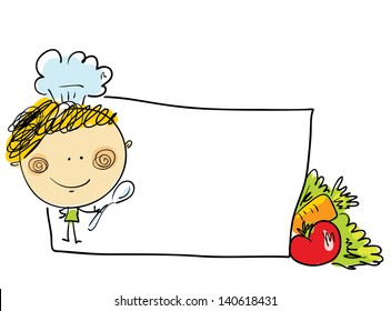 chef kid cartoon food vector cooking child vegetables baby little hand drawn cartoon kid in a chef's hat chef kid cartoon food vector cooking child vegetables baby little cute face labor fun man small