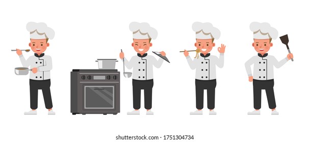 Diseño vectorial de caracteres de niño del chef. Presentación en diversas acciones con emociones. 