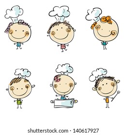 chef kid cooking vector food baby cartoon doodle smiley little hand drawn cartoon kids in a chef's hat vector people doodle people cartoon people chef kid cooking vector food baby cartoon doodle smile