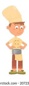 Chef kid holding cooking pot. Cute cartoon boy character