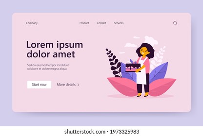 Chef kid holding home baked cake. Pie, dessert, sweet food. Flat vector illustration. Cooking at home, baking workshop concept for banner, website design or landing web page