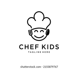 Chef Kid's cooking logo. illustration of kid with a fork and spoon. vector line icon template