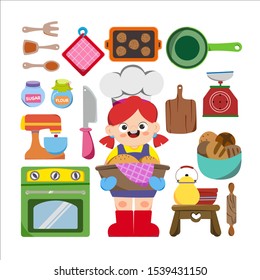 chef kids and kitchen elements clip art set.